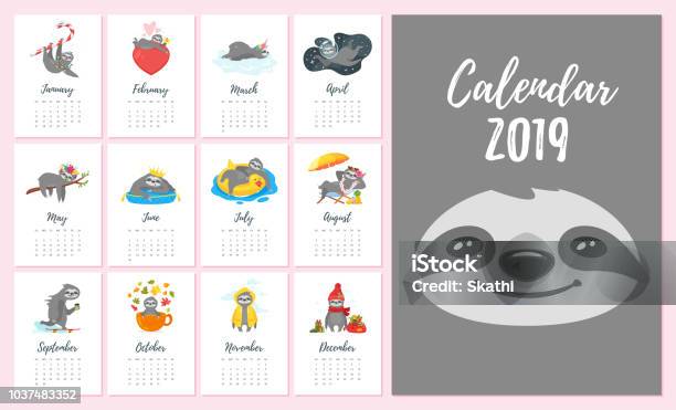 2019 Year Monthly Sloth Calendar Stock Illustration - Download Image Now - Calendar, Sloth, 2019