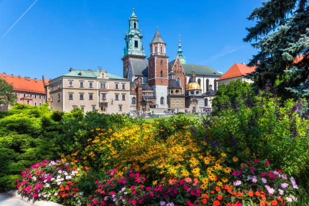 The Royal Castle with Wawel Cathedral on Wawel Hill in the city of Krakow in Poland Krakow, Poland - August 13, 2018:The Royal Castle with Wawel Cathedral on Wawel Hill in the city of Krakow in Poland. Wawel Royal Castle is inscribed on the UNESCO World Heritage List wawel cathedral photos stock pictures, royalty-free photos & images