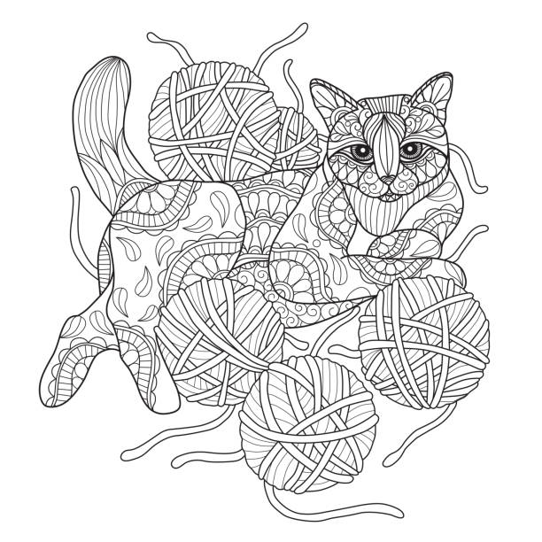 ilustraciones, imágenes clip art, dibujos animados e iconos de stock de ilustración dibujada del gato y el hilado a mano - white background wool textile old fashioned