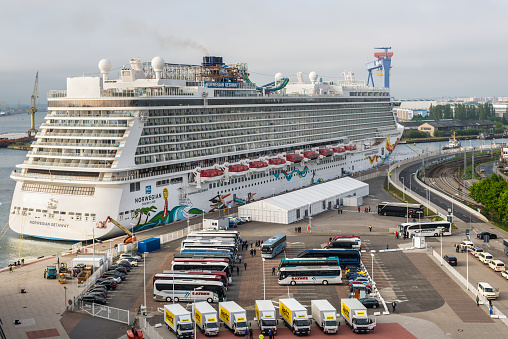 Rostock, Germany - May 26, 2017: The cruise ship Norwegian Getaway has moored at the pier in port of Warnemunde, Rostock, Mecklenburg-Western Pomerania, Germany.