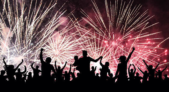 Cheerful crowd of people watching a salute, firework. Celebration, feast, holiday. Silhouette background, illustration