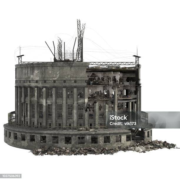 Ruined Building Isolated On White 3d Illustration Stock Photo - Download Image Now - City, Destruction, Abandoned