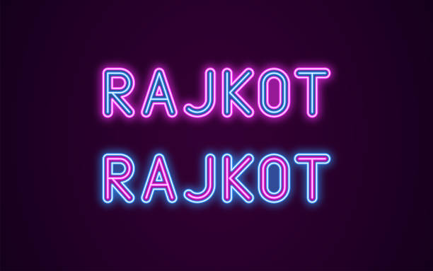 Neon name of Rajkot city in India Neon name of Rajkot city in India. Vector illustration of Rajkot inscription in Neon style with backlight, Blue and Purple colors. Isolated glowing city for decoration of the Diwali festival rajkot india stock illustrations