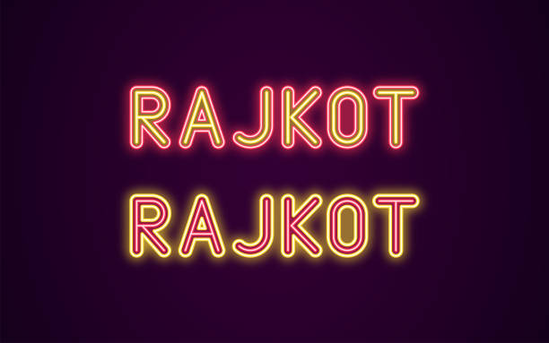 Neon name of Rajkot city in India Neon name of Rajkot city in India. Vector illustration of Rajkot inscription in Neon style with backlight, Red and Yellow colors. Isolated glowing city for decoration of the Diwali festival rajkot india stock illustrations