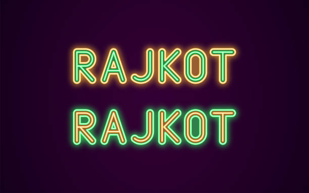 Neon name of Rajkot city in India Neon name of Rajkot city in India. Vector illustration of Rajkot inscription in Neon style with backlight, Green and Orange colors. Isolated glowing city for decoration of the Diwali festival rajkot india stock illustrations