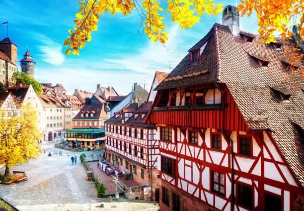 Old town of Nuremberg at sunny fall day, Germany at fall, retro toned