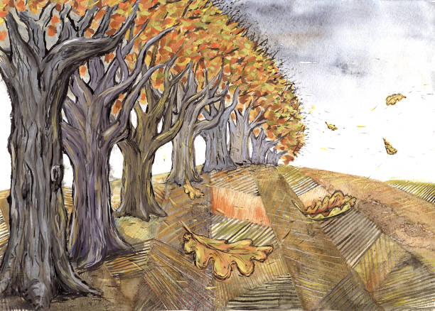 Oaks in the fields and autumn wind vector art illustration