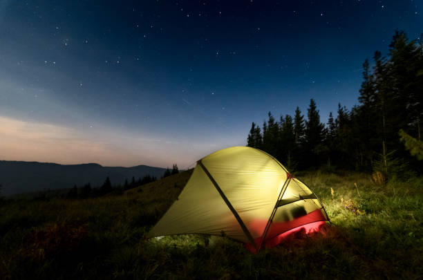 istock Camp at the night. Illuminated tent. 1037529780