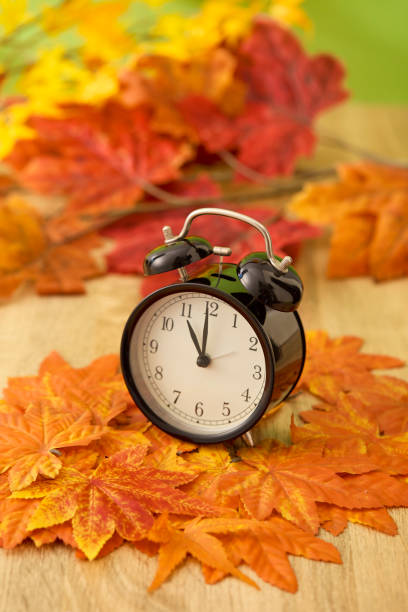 istock Autumn Black vintage clock with dried maple leaves on wooden 1037540236