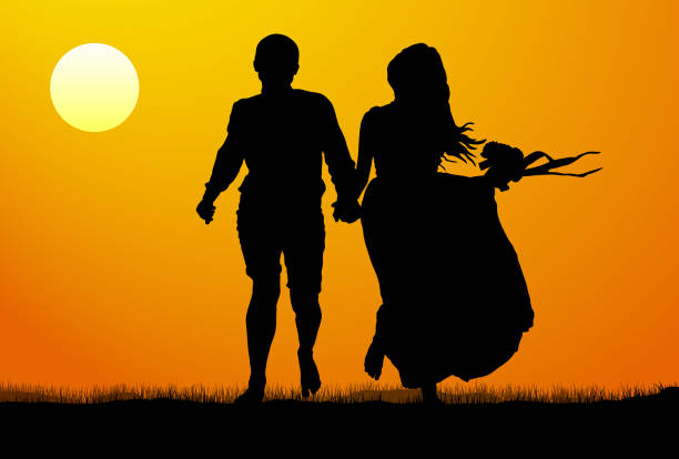 istock Silhouette of a young couple at sunset. Vector illustration 1037540628