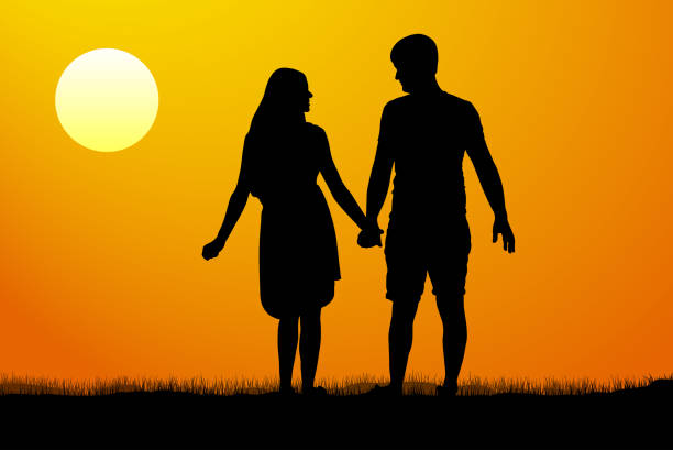 istock Silhouettes of men and women standing and holding hands at sunset. Vector illustration 1037540636