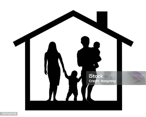 Silhouette Of A Family With Children In The House Vector Illustration Stock Illustration - Download Image Now