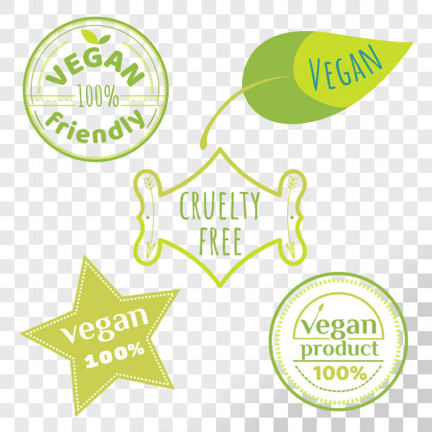 Vegan free labels collection isolated on transparent background. Set of cruelty free emblems that proves animal rights protection. kosher logo stock illustrations