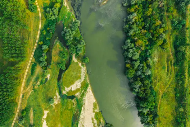 Drone image, photographed directly above a river with sandy shore and vivid green plants, ideal as e background for environmental issues. Shot on Mavic 2 Pro with Hasselblad camera