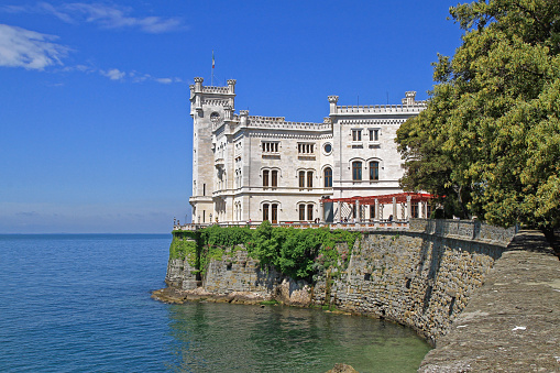 Trieste, Italy - May 18, 2010: White Marble Historic Miramare Castle Near Trieste, Italy.