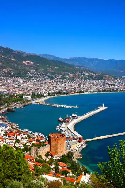 Photo of Red Tower and Marina view from Alanya Castle in Antalya, Turkey.