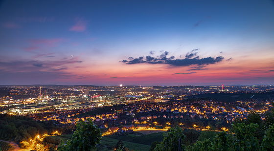 Twilght Red and Purple Sunset Over City of Stuttgart Germany on Summer Evening