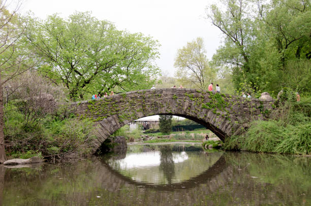 people strolling on the Gapstow bridge in Central Park stock photo