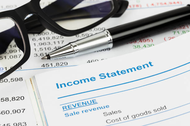 istock Income statement in stockholder report book; document are mock-up 1037591942