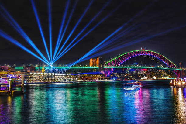 istock Colorful projection lights above city in night 1037592200