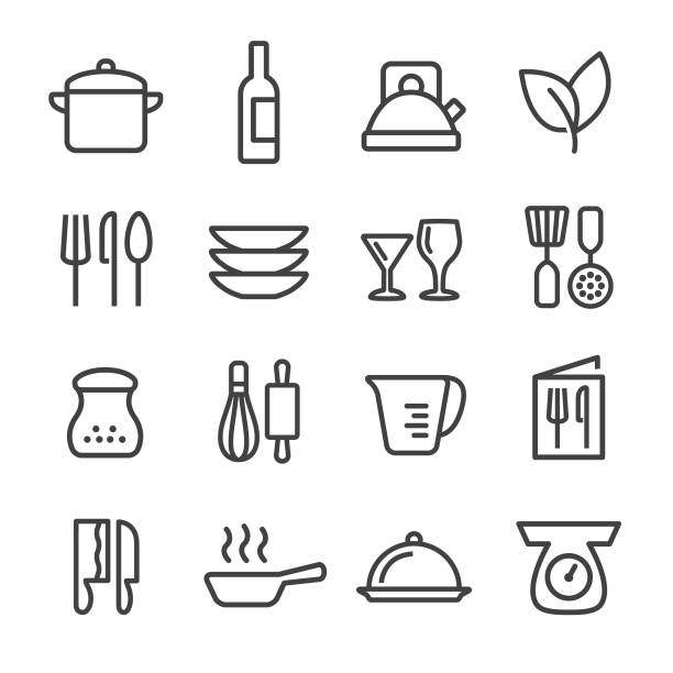 요리 아이콘을 설정-라인 시리즈 - kitchen utensil commercial kitchen domestic kitchen symbol stock illustrations