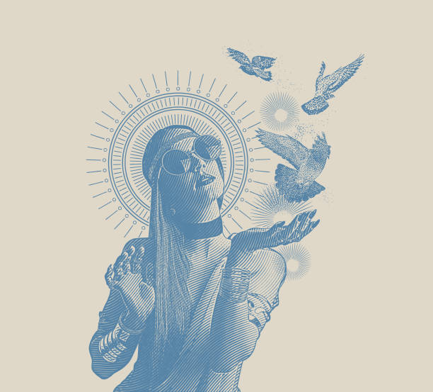 Multiple Exposure of a Spiritual boho woman and doves Engraving Multiple Exposure of a Spiritual boho woman and doves women flying bird freedom stock illustrations