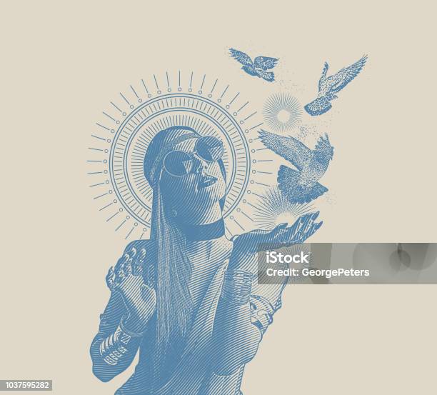 Multiple Exposure Of A Spiritual Boho Woman And Doves Stock Illustration - Download Image Now