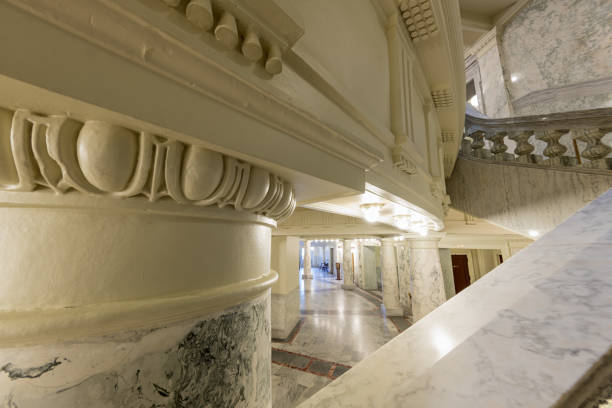 istock Close up of marble structures as interior elements of construction with hall 1037604376