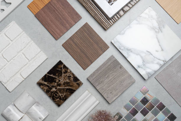 istock samples of material, wood , on concrete table.Interior design select material for idea. 1037604654