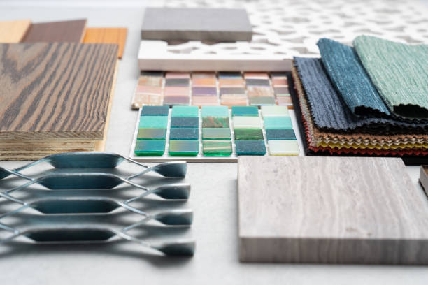 istock samples of material, wood , on concrete table.Interior design select material for idea. 1037604738