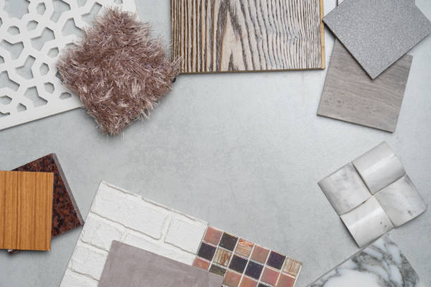 istock samples of material, wood , on concrete table.Interior design select material for idea. 1037604804