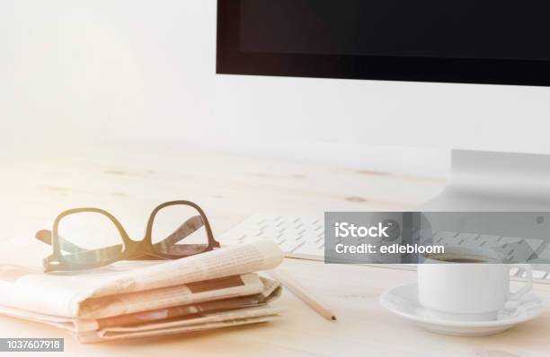 Place Of Work Office Desk Stock Photo - Download Image Now - Newspaper, The Media, Coffee - Drink