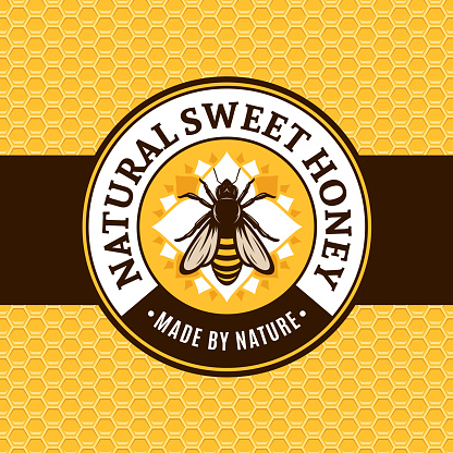 Vector honey label with bee on a honeycomb background.