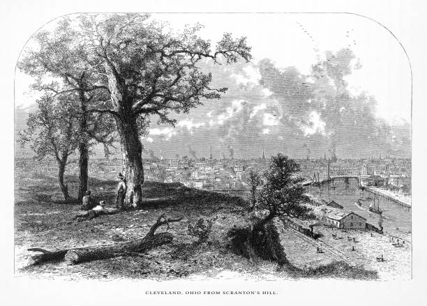 Very Rare, Beautifully Illustrated Antique Engraving of Cleveland from Scranton’s Hill, Cleveland, Ohio, United States, American Victorian Engraving, 1872. Source: Original edition from my own archives. Copyright has expired on this artwork. Digitally restored.
