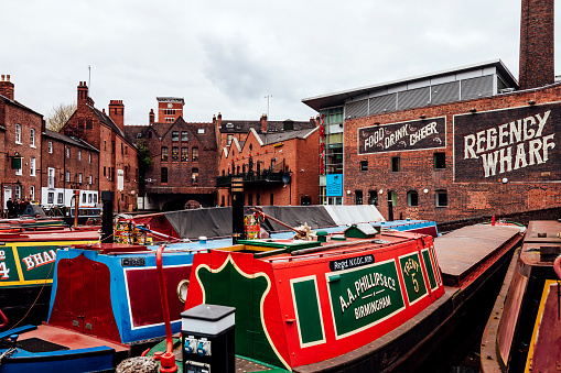 Birmingham, United Kingdom - April 21, 2017: Colorful party boats in Gas Street Basin.