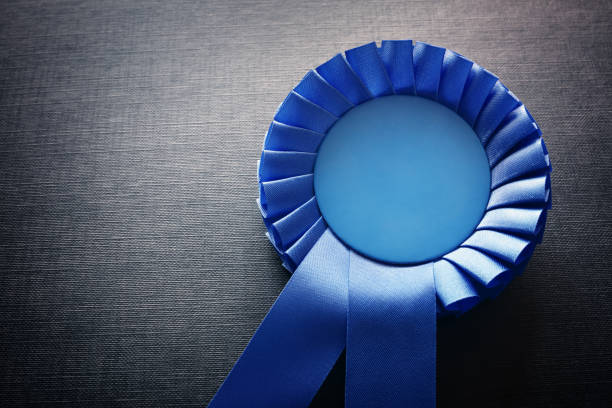 Blue award rosette with ribbons and copy space Blue award rosette with ribbons and copy space on black background badge photos stock pictures, royalty-free photos & images