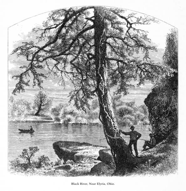illustrazioni stock, clip art, cartoni animati e icone di tendenza di black river near elyria, ohio, stati uniti, american victorian engraving, 1872 - elyria