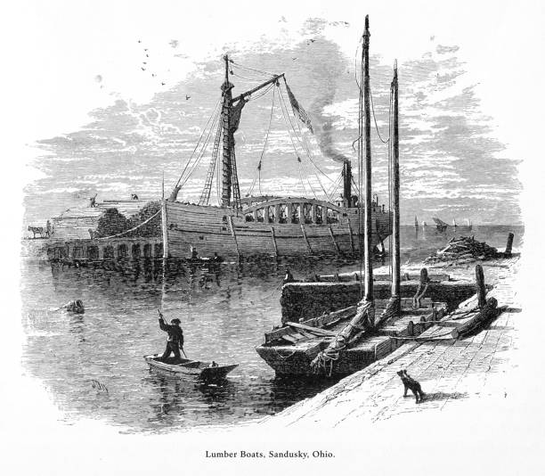 illustrazioni stock, clip art, cartoni animati e icone di tendenza di lumber boats, sandusky, ohio, stati uniti, american victorian engraving, 1872 - elyria
