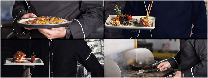 Collage of chef cook holding a dinner plate