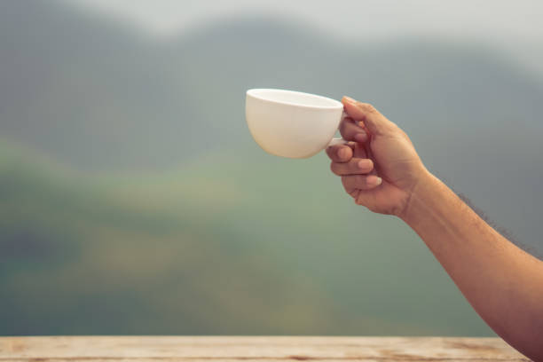 istock Hand holding cup of coffee on blurred forest on mountain beautiful view morning 1037629478