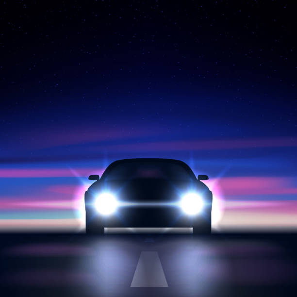 istock Night car with bright headlights against the background of a colorful starry sky, approaching along a dark road, the silhouette of a car with xenon and led headlights, vector illustration 1037630930