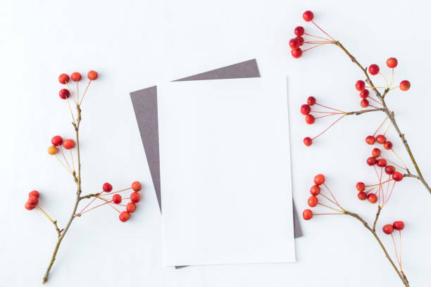 istock Mockup blank paper card and branch with small red apples 1037639728