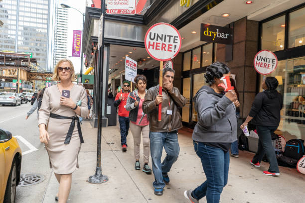 Hotel workers striking downtown Chicago stock photo