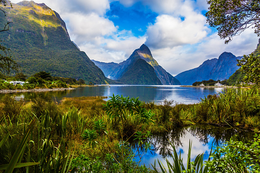 The picturesque fjord of Milford Sound on a cool morning. The best journey in life. South Island of New Zealand. Concept of active and ecological tourism