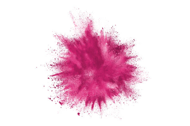 purple powder explosion. the particles of charcoal splatter on white background. closeup of colored dust particles splash isolated on background. - talco em pó imagens e fotografias de stock