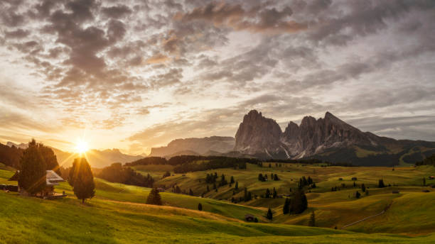 alba all'alpe di siusi con sassolungo o langkofel mountain group in background - alpine upland foto e immagini stock