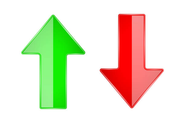 istock UP and DOWN arrows. 3d shiny glass icons. Red and Green 1037666446