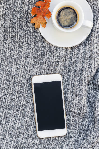 istock Home workplace with coffee cup on knitted plaid 1037670626