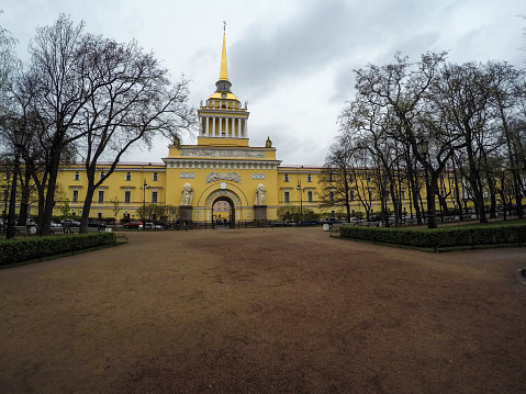 St. Petersburg, Russia - 2016. \nThe Admiralty building in Saint Petersburg on a rainy day.