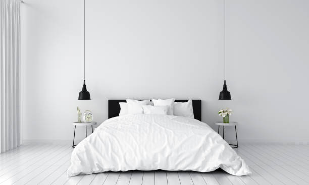 bedroom interior for mockup, 3D rendering white bedroom interior for mockup, 3D rendering bedding stock pictures, royalty-free photos & images